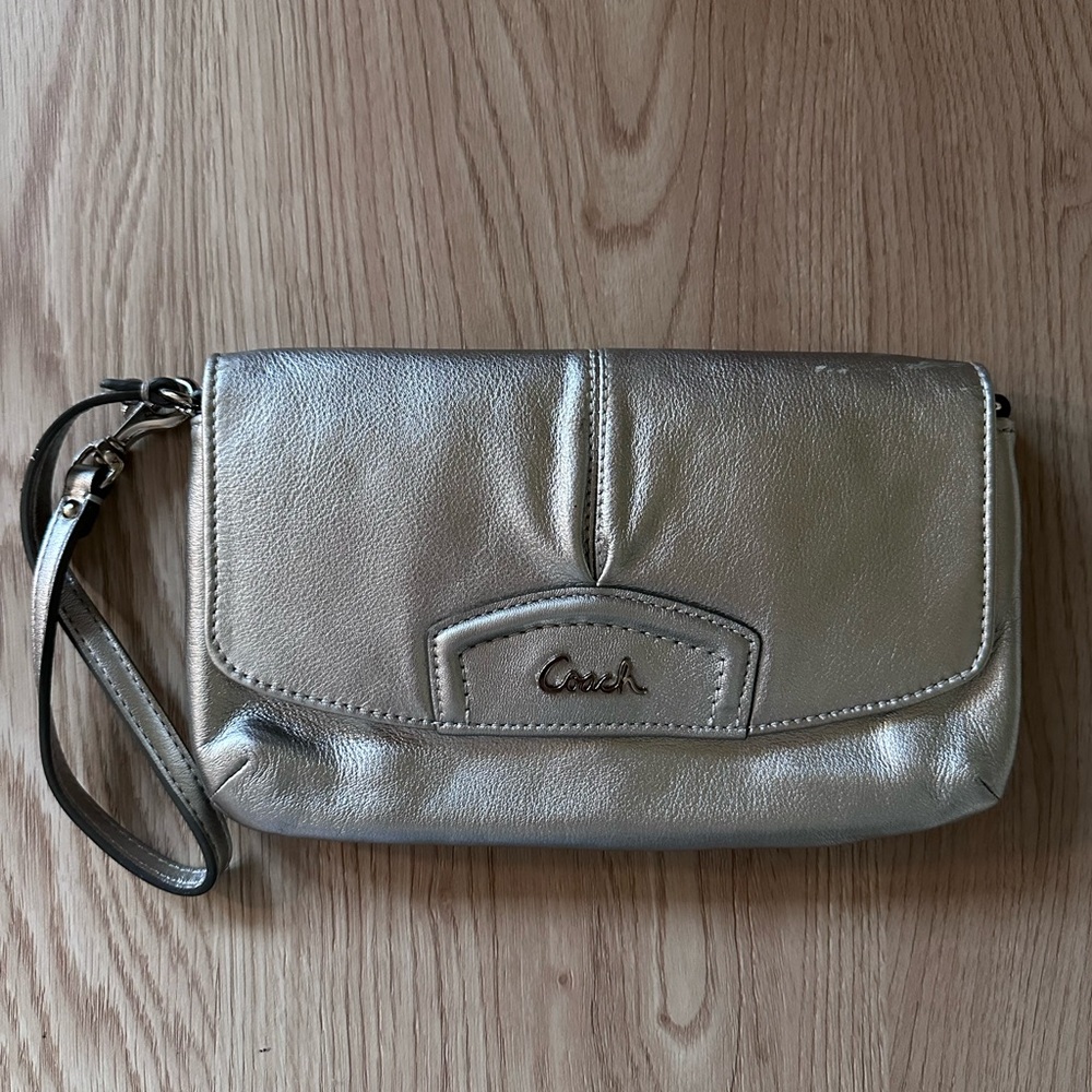 Coach Metallic Silver Wristlet Clutch
